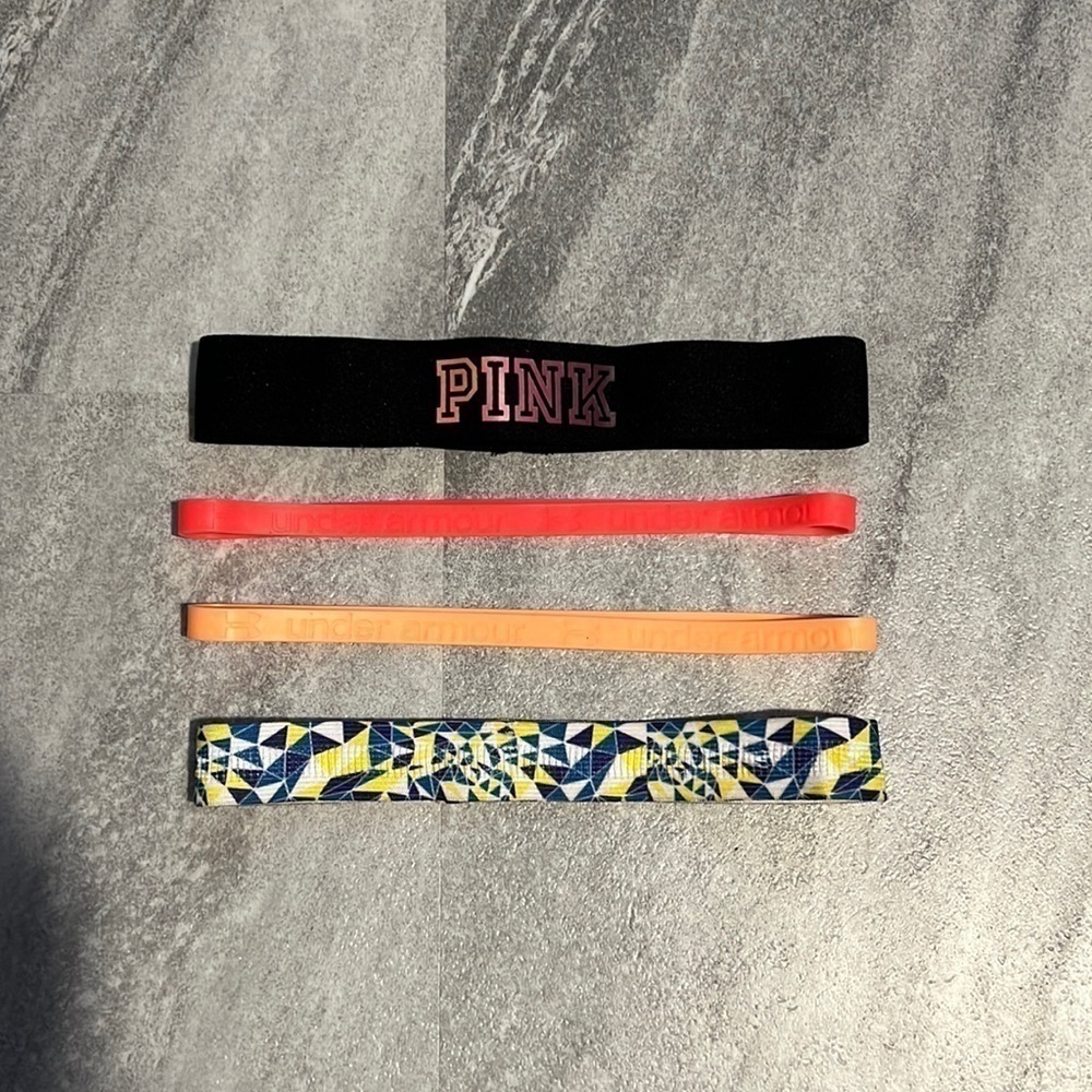 4 Stretchy Workout fitness headbands, thick and thin black, blue, orange